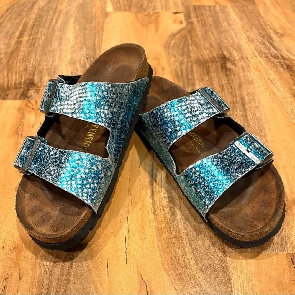 Birkenstock Classic Arizona Anaconda Women's Mules Turquoise Size 7 -7.5 - Picture 2 of 13
